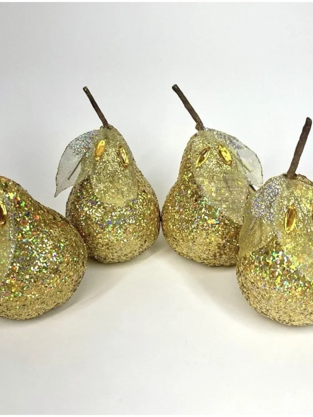 4 Sequin Gold Pear Faux Fruit Jewel Glitter Leaves Decorative Holiday Decor 5”